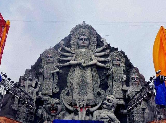 Durga and her kids can be seen either at Rabindra Sarobar Stadium or at the Eco Park in Rajarhat.(PTI photo)