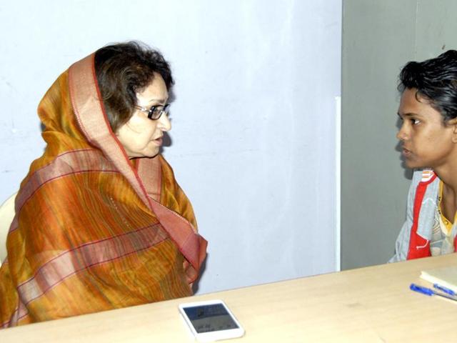 Women and child development minister Maya Singh with Mohammad Ramzan in Bhopal on Thursday. (HT photo) Women and child development minister Maya Singh with Mohammad Ramzan in Bhopal on Thursday. (HT photo)
