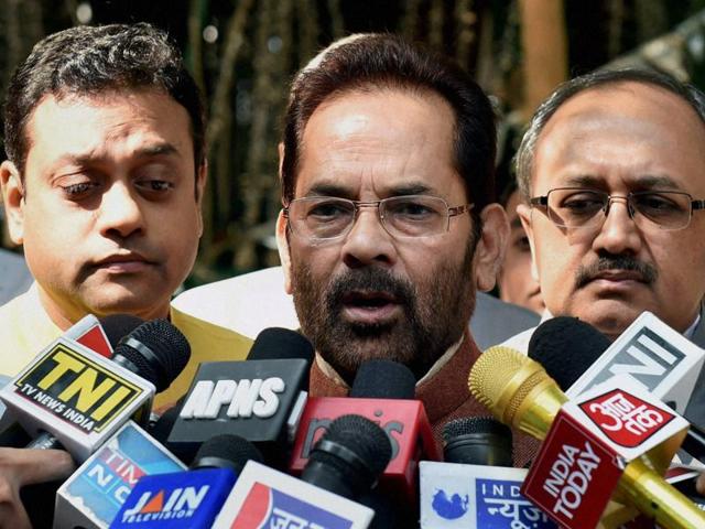 BJP leader and MOS for Minority Affairs Mukhtar Abbas Naqvi talking to media after a meet with Election Commissioner at Nirvachan Bhavan in New Delhi on Friday. (PTI) BJP leader and MOS for Minority Affairs Mukhtar Abbas Naqvi talking to media after a meet with Election Commissioner at Nirvachan Bhavan in New Delhi on Friday. (PTI)