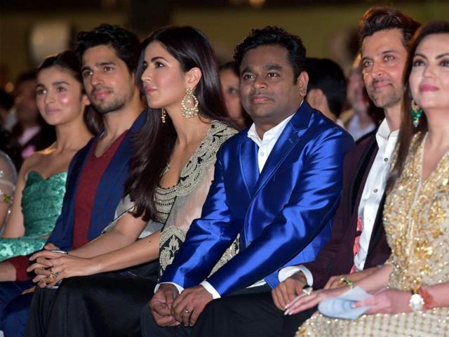 Bollywood actors Alia Bhatt, Sidharth Malhotra, Katrina Kaif, composer AR Rahman and Hrithik Roshan seen along with Neeta Ambani during the opening ceremony of 17th edition of Jio MAMI Mumbai Film Festival, in Mumbai on Thursday. (PTI)