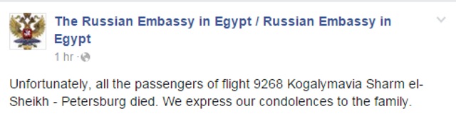 A screenshot of the Facebook post by the Russian embassy in Egypt’s official page.
