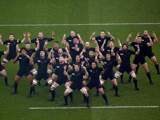 New Zealand's players perform the haka before their Rugby World Cup Final against Australia at Twickenham. (REUTERS)