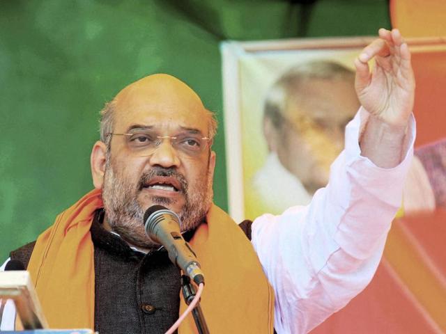 BJP President, Amit Shah addressing a Public meeting in Saharsa on Saturday. (PTI Photo) BJP President, Amit Shah addressing a Public meeting in Saharsa on Saturday. (PTI Photo)