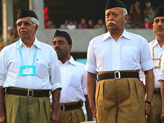 RSS chief Mohan Bhagwat (centre) watches volunteers march during a three-day workers camp on the outskirts of Ahmedabad. The RSS has seen its influence grow after the BJP came to power.(AP File Photo) RSS chief Mohan Bhagwat (centre) watches volunteers march during a three-day workers camp on the outskirts of Ahmedabad. The RSS has seen its influence grow after the BJP came to power.(AP File Photo)