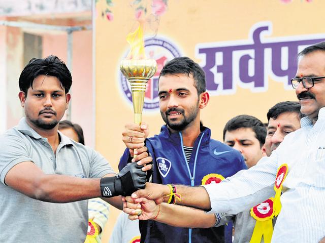 Ajinkya Rahane addressing students during sports meet of a private university in Bhopal on Sunday. (Mujeeb Faruqui/HT photo) Ajinkya Rahane addressing students during sports meet of a private university in Bhopal on Sunday. (Mujeeb Faruqui/HT photo)