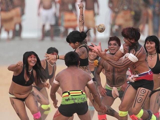 Brazil’s Kamayura indigenous people take part in a ball game with hands during the World Indigenous Games in Palmas, Brazil. (AP) Brazil’s Kamayura indigenous people take part in a ball game with hands during the World Indigenous Games in Palmas, Brazil. (AP)