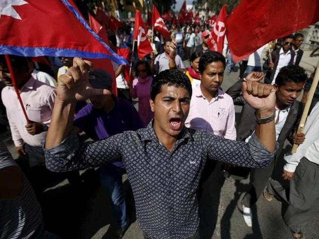 Demonstrators affiliated with various political parties take part in an anti-India protest in Kathmandu, Nepal. (Reuters Photo)