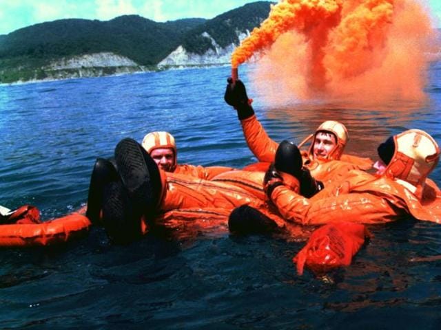 The Expedition 1 crew practices water survival skills in the Black Sea on October 3, 1997. (Photo courtesy: nasa.gov)