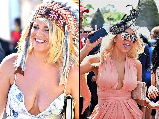 A racegoer sporting a red Indian headdress graces the field and other celebrates a win at the Melbourne Cup at Flemington Racecourse. (AFP)