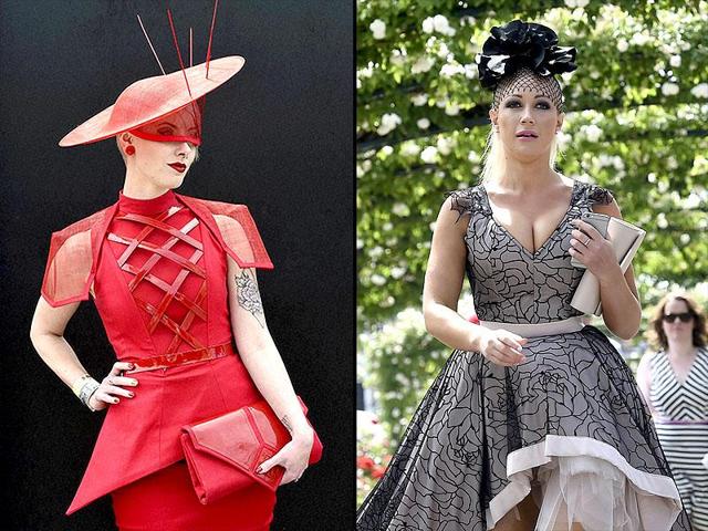 Two racegoers wear their Sunday best at the Melbourne Cup. (AP)