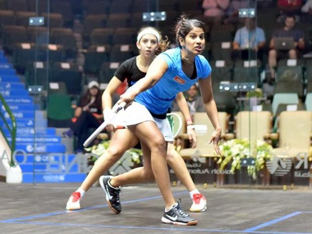 Joshna took out a fighting Yathreb Adel of Egypt in straight games 16-14, 11-8, 11-8. (Photo: Twitter @QCSquash) Joshna took out a fighting Yathreb Adel of Egypt in straight games 16-14, 11-8, 11-8. (Photo: Twitter @QCSquash)