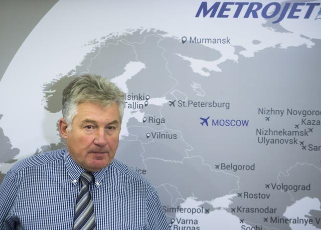 Alexander Smirnov, the deputy general director of Metrojet, the Russian airline company speaks to the media about their plane which crashed in Egypt's Sinai Peninsula, during a media presentation in Moscow, Russia. (AP Photo)