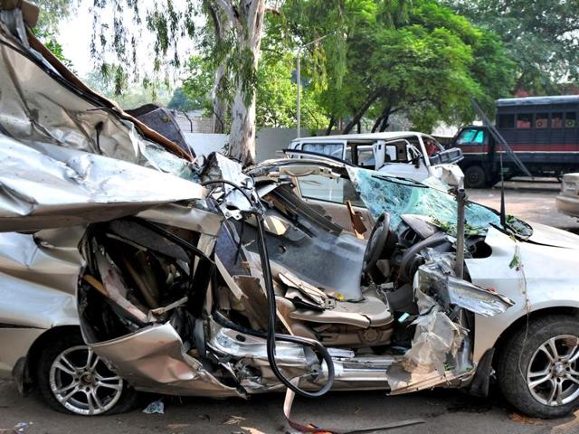 The mangled car after the crash, at the Sector-11 police station in Chandigarh. (Ravi Kumar/HT Photo) The mangled car after the crash, at the Sector-11 police station in Chandigarh. (Ravi Kumar/HT Photo)