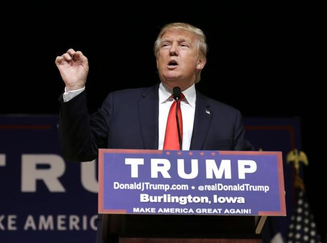 A file photo shows Republican presidential candidate Donald Trump speaking during a campaign stop at the Burlington Memorial Auditorium in Burlington. (AP) A file photo shows Republican presidential candidate Donald Trump speaking during a campaign stop at the Burlington Memorial Auditorium in Burlington. (AP)