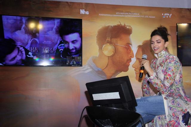 Deepika Padukone during the celebration of music of film Tamasha as Ranbir Kapoor calls in. (IANS) Deepika Padukone during the celebration of music of film Tamasha as Ranbir Kapoor calls in. (IANS)