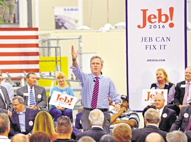 Jeb Bush (centre) campaigns for his presidency as a part of his “Jeb Can Fix It” tour in Jacksonville, Florida, on Monday. (AP Photo) Jeb Bush (centre) campaigns for his presidency as a part of his “Jeb Can Fix It” tour in Jacksonville, Florida, on Monday. (AP Photo)