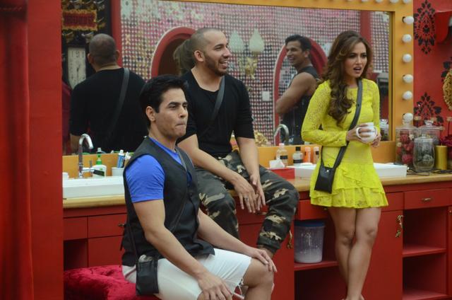 Aman Verma, Ali Quli Mirza and Sana Khan in the Bigg Boss house. (Colors)