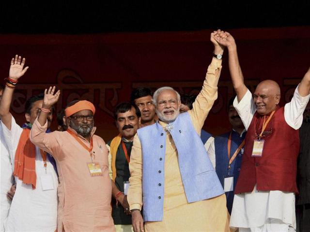 Prime Minister Narendra Modi with other NDA leaders during an election rally in Darbhanga on Monday. (PTI)