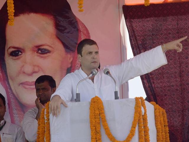 Congress Vice President Rahul Gandhi during an election rally at Araria district of Bihar. (HT Photo)