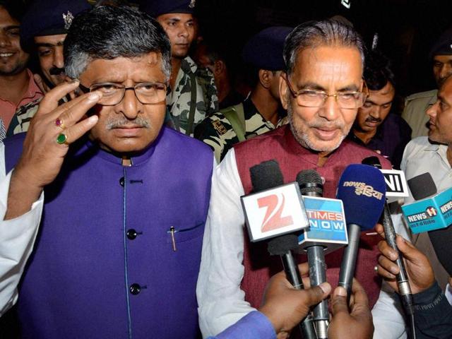Union Ministers and BJP leaders Ravi Shankar Prasad and Radha Mohan Singh talk to media after end of campaigning for the fifth phase of Bihar assembly election, in Patna on Tuesday. (PTI)