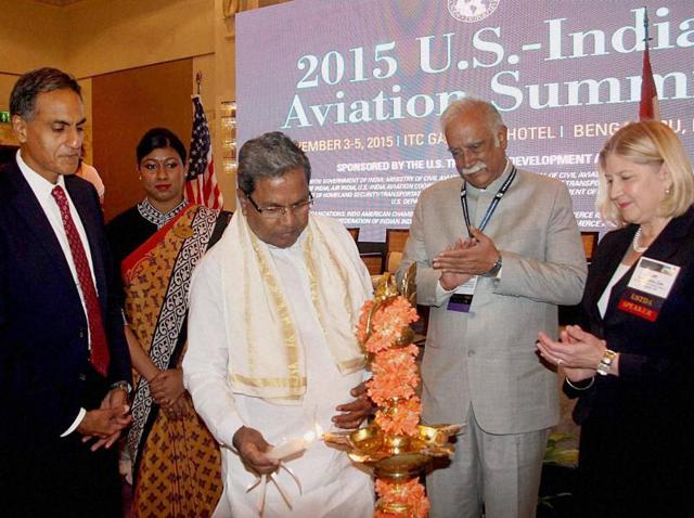 US Ambassador to India, Richard Verma, Karnataka CM Siddaramaiah, Union minister for civil aviation, P Ashok Gajapathi Raju and director of United States Trade and Development Agency Leocadia Zak during the inauguration of 5th US-India Aviation Summit 2015 in Bangalore on Wednesday. (PTI photo) US Ambassador to India, Richard Verma, Karnataka CM Siddaramaiah, Union minister for civil aviation, P Ashok Gajapathi Raju and director of United States Trade and Development Agency Leocadia Zak during the inauguration of 5th US-India Aviation Summit 2015 in Bangalore on Wednesday. (PTI photo)