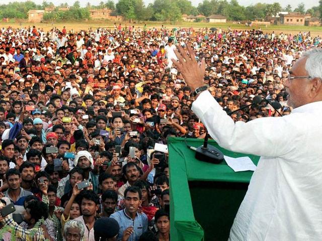 Bihar chief minister Nitish Kumar addressing an election rally in Kusheshwarsthan on Tuesday. (PTI)