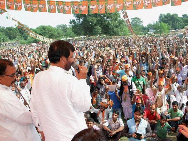 Ram Vials Paswan, National President, Lok Janshakti Party during a public meeting at Triveniganj, Bihar on Tuesday. (PTI)