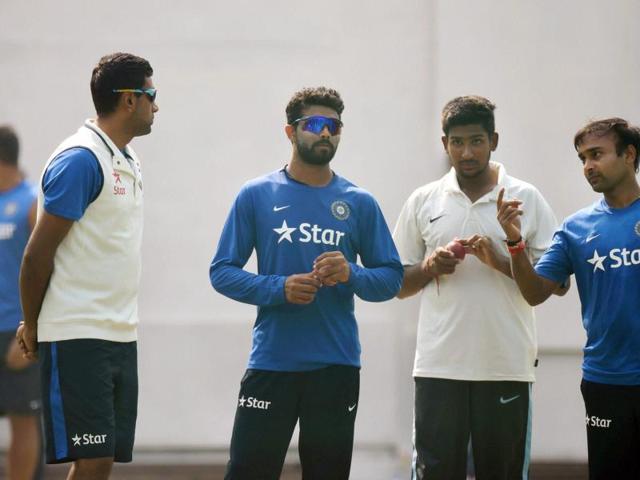 Amit Mishra, Ravichandran Ashwin and Ravindra Jadeja during a practice session ahead of the first Test match against South Africa in Mohali. (PTI) Amit Mishra, Ravichandran Ashwin and Ravindra Jadeja during a practice session ahead of the first Test match against South Africa in Mohali. (PTI)