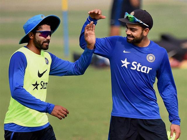 Virat Kohli with Ravindra Jadeja during a practice session ahead of the first Test match against South Africa at Mohali on Tuesday. (PTI Photo) Virat Kohli with Ravindra Jadeja during a practice session ahead of the first Test match against South Africa at Mohali on Tuesday. (PTI Photo)