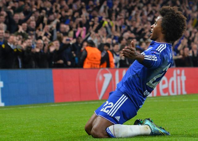 Chelsea's Brazilian midfielder Willian celebrates after scoring from a free kick during the Uefa Champions league group stage match against Dynamo Kiev at Stamford Bridge in London on November 4, 2015. (AFP Photo) Chelsea's Brazilian midfielder Willian celebrates after scoring from a free kick during the Uefa Champions league group stage match against Dynamo Kiev at Stamford Bridge in London on November 4, 2015. (AFP Photo)