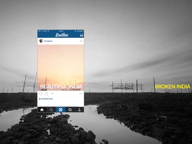 In the Instagram frame we see a beautiful sunset, while the rest of the image depicts a barren, undeveloped wasteland that’s forgotten by the rest of the country (Photo: Limitless) In the Instagram frame we see a beautiful sunset, while the rest of the image depicts a barren, undeveloped wasteland that’s forgotten by the rest of the country (Photo: Limitless)