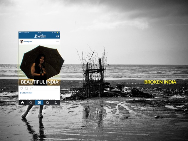 What the Instagram world sees is a pretty picture of a girl holding an umbrella, while the rest of the image is a dirty and polluted beach (Photo: Limitless) What the Instagram world sees is a pretty picture of a girl holding an umbrella, while the rest of the image is a dirty and polluted beach (Photo: Limitless)