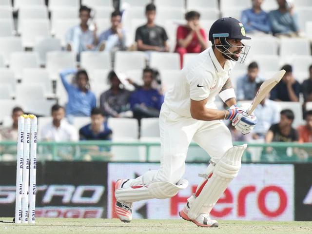 Indian cricket team captain Virat Kohli batting against South Africa during the first test match at Mohali’s PCA Stadium on Thursday.   (Gurpreet Singh/HT) 