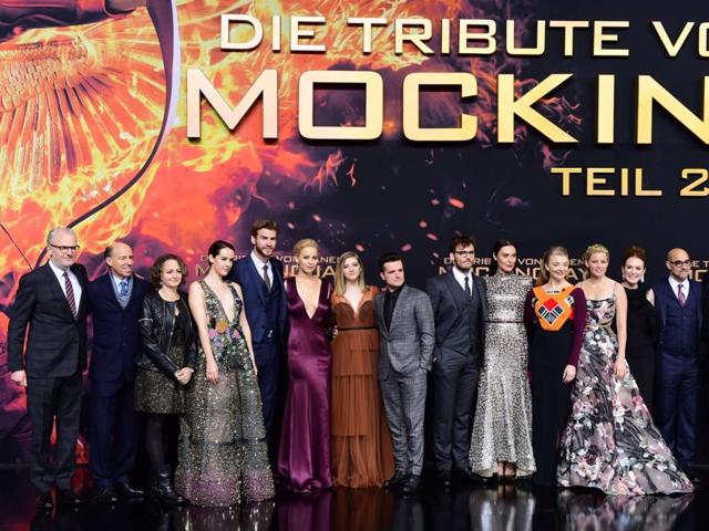 The cast of The Hunger Games: Mockingjay — Part 2 poses for photographers on the red carpet premiere in Berlin. (AFP)