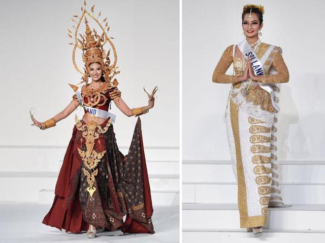 Miss Thailand Sasi Sintawee and Miss Sri Lanka Angela Jayatissa. (AFP) 