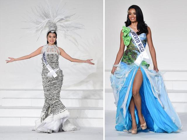 Miss Singapore Roxanne Zhang and Miss Puerto Rico Wilmary Moncion-Roman. (aFP) 