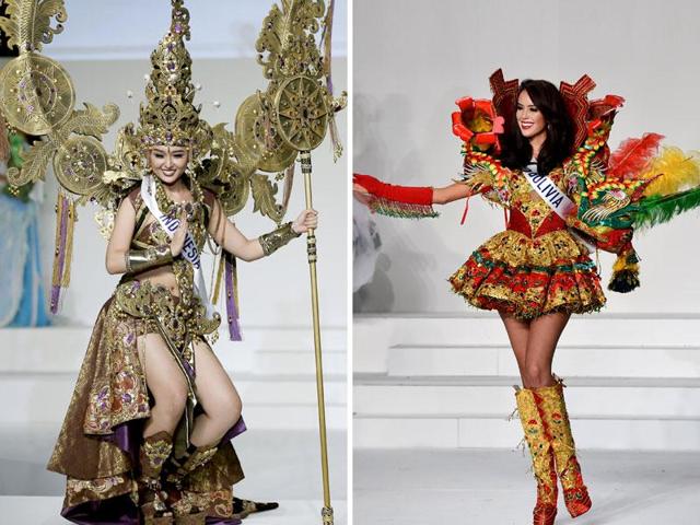 Miss Indonesia Chintya Fabyola and Miss Bolivia Alejandra Panozo Muguertegui. (AFP) 