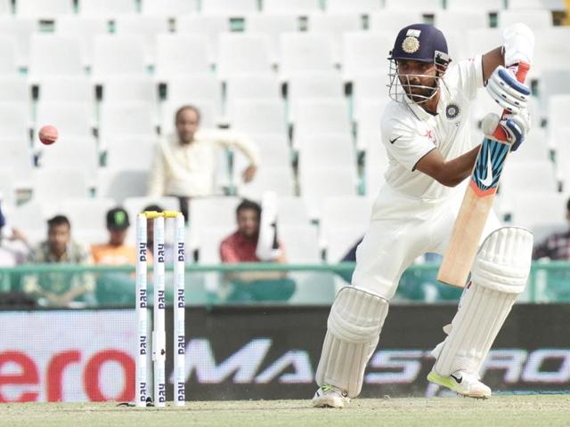 Indian batsman Ajinkya Rahane plays a shot during the first test match between India and South Africa at PCA stadium, Mohali on Thursday.  (Gurpreet Singh/HT) 