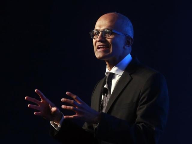 Microsoft CEO Satya Nadella delivers his keynote address during an event in Mumbai.(Reuters Photo)