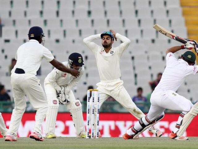 The Indian team appeals for a wicket as South Africa’s Hashim Amla plays a shot during the first Test in Mohali. (Gurpreet Singh/ HT Photo) The Indian team appeals for a wicket as South Africa’s Hashim Amla plays a shot during the first Test in Mohali. (Gurpreet Singh/ HT Photo)