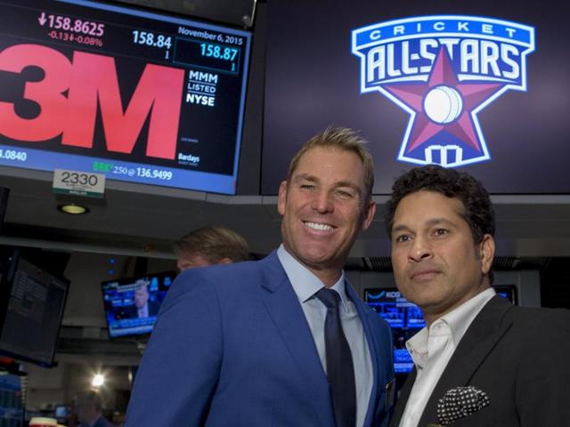 Sachin Tendulkar is joined by Shane Warne during a news conference ahead of the Cricket All Stars three-game series. Tendulkar and Warne will ring the opening bell at the New York Stock Exchange on Friday. (AP) Sachin Tendulkar is joined by Shane Warne during a news conference ahead of the Cricket All Stars three-game series. Tendulkar and Warne will ring the opening bell at the New York Stock Exchange on Friday. (AP)
