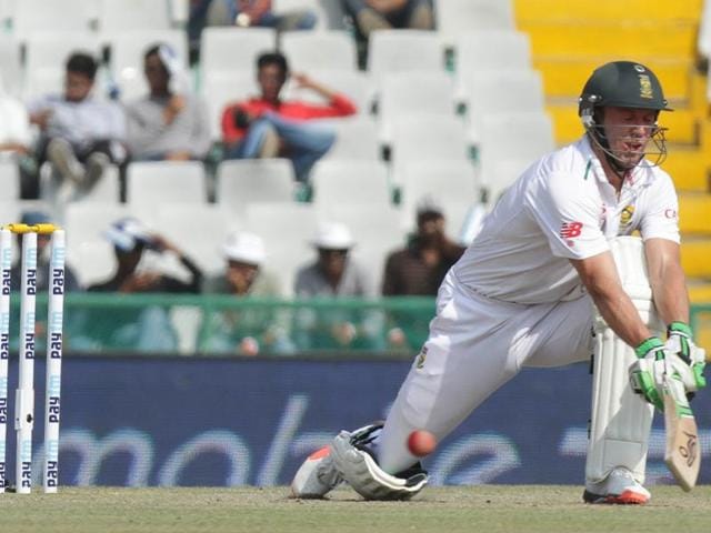 South Africa  batsman Ab De Villiers plays a shot on the second day of the first Test against India at the PCA stadium in Mohali on November 6, 2015. (Gurpreet Singh/HT Photo ) 