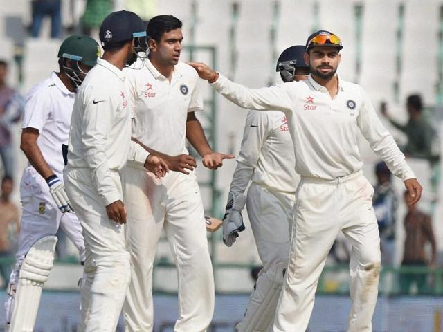 Indian players congratulate Ravichandran Ashwin for his five-wicket haul. (PTI Photo) 