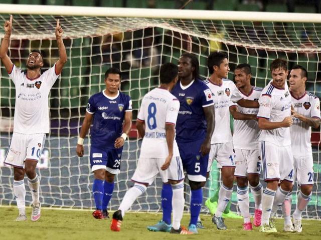 FC Goa players celebrate the team’s second goal against Chennaiyin FC during the ISL match at Jawaharlal Nehru Stadium in Chennai on November 5, 2015. (PTI Photo) FC Goa players celebrate the team’s second goal against Chennaiyin FC during the ISL match at Jawaharlal Nehru Stadium in Chennai on November 5, 2015. (PTI Photo)