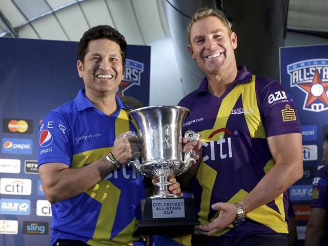 Sachin Tendulkar, left and Shane Warne pose for photographers with the Cricket All Stars Cup during a news conference ahead of the Cricket All Stars three-game series to be played in Major League Baseball stadiums in New York, Houston and Los Angeles, Thursday. (AP) Sachin Tendulkar, left and Shane Warne pose for photographers with the Cricket All Stars Cup during a news conference ahead of the Cricket All Stars three-game series to be played in Major League Baseball stadiums in New York, Houston and Los Angeles, Thursday. (AP)