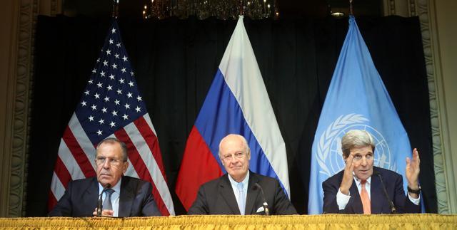 Russian foreign minister Sergey Lavrov, UN special envoy for Syria Staffan de Mistura and US secretary of state John Kerry, speak during a press conference after a meeting in Vienna, Austria. The United States, Russia, Iran and more than a dozen other nations agreed to launch a new peace effort involving Syria's government and opposition groups, but avoided any determination on when President Bashar Assad might leave power. (AP Photo) Russian foreign minister Sergey Lavrov, UN special envoy for Syria Staffan de Mistura and US secretary of state John Kerry, speak during a press conference after a meeting in Vienna, Austria. The United States, Russia, Iran and more than a dozen other nations agreed to launch a new peace effort involving Syria's government and opposition groups, but avoided any determination on when President Bashar Assad might leave power. (AP Photo)