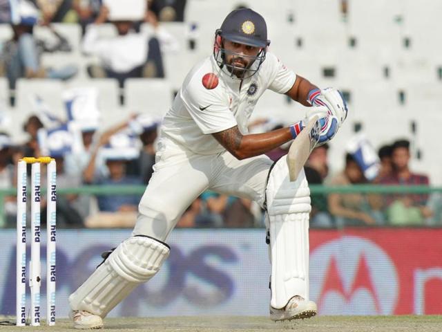 India’s Murali Vijay hits a shot during India’s second innings. Vijay scored 47 runs. (Gurpreet Singh/HT Photo) 