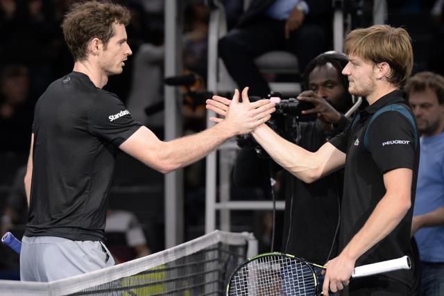 Britain's Andy Murray, left, shakes hands with Belgium's David Goffin after winning their match at the BNP Paribas Masters 1000 in Paris on November 5, 2015. (AFP Photo) Britain's Andy Murray, left, shakes hands with Belgium's David Goffin after winning their match at the BNP Paribas Masters 1000 in Paris on November 5, 2015. (AFP Photo)