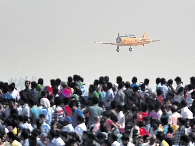 An Indian Air Force Harvard aircraft performs during the Air Force Day parade at the Air Force Station, Hindon, in Ghaziabad. (AFP Photo)