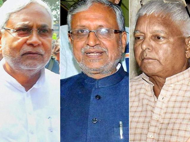 A combination photograph of Bihar Chief Minister Nitish Kumar, RJD chief Lalu Prasad and BJP leader Sushil Kumar Modi.(PTI photo)